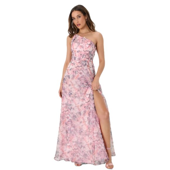 NWT Lulus Exquisite Affair Pink Floral Organza One-Shoulder Maxi Dress l Size XS - Picture 1 of 4
